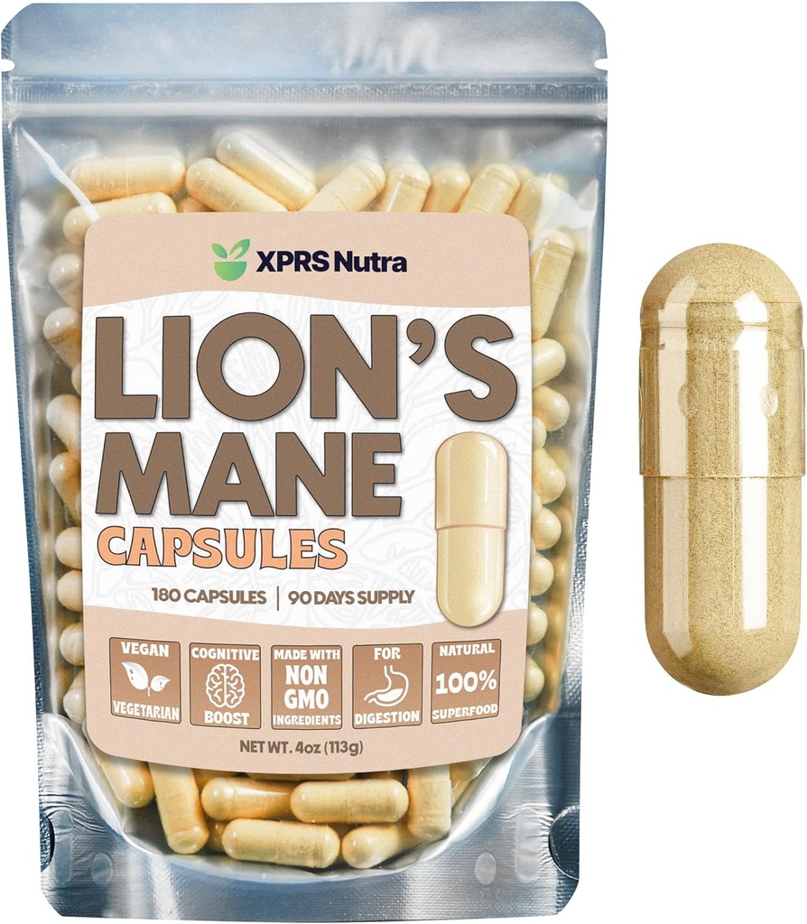 XPRS Nutra Organic Lions Mane Dodatne kapsule - 180 Štetje (90 dnevna zaloga) Premium Lion's Mane Gobe Kapsule za mentalno jasnost, kognicijo in Immunity Lions Mane v prahu Kapsule