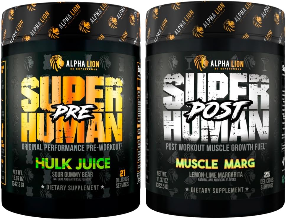 ALPHA LION superčloveški Predworkout Powder & Post Wordout recovery Bundele, Trajna energija in fokus + Lean mišično rast, moč in volumen (Hulk Juice & Muscle Marg