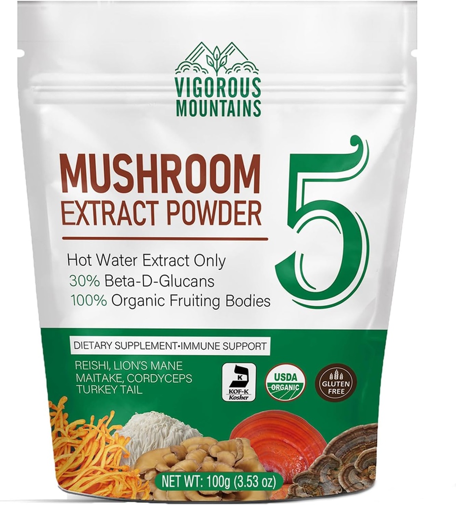 VIGORUS MOUNTAINS Ekološka goba v prahu dodatek - USDA Certified, Levi Mane & Reishi za imuno podporo, Brain Focus, Vegan, Meša se takoj v kavo in napitki (100g)