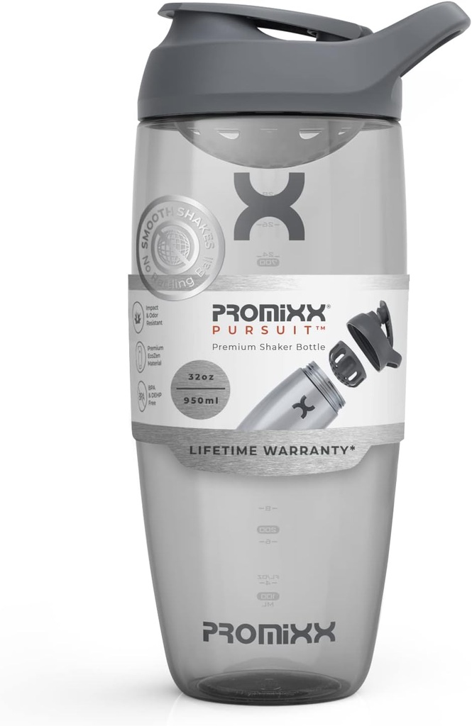 Promix Pursit Protein Shaker Steklenica (32 oz) – Tihi brez-Ball mešalnik, Leak-Proof Lid, BPA/BPS & Phthalate-free ECOZEN – Easy-Clean Shaker Cup za stresanje beljakovin, Pre & Post-workout smoothies