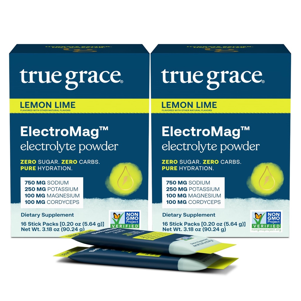 True Grace ElectroMag - 16 palic (2. paket) - limonina limona - elektrolitski prašek za hitro hidracijo - natrij, kalij, magnezij in kordyceps - nič sladkorjev in ogljikovih hidratov - ne-GMO - 32 skupno serviranje