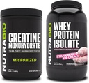 NutraBio Kreatin Monohidrat, brez arome, 500g in sirotkinega proteina izolat, Jagodna sladoledna krema, dopolnilo - mišična energija, rast, okrevanje in moč