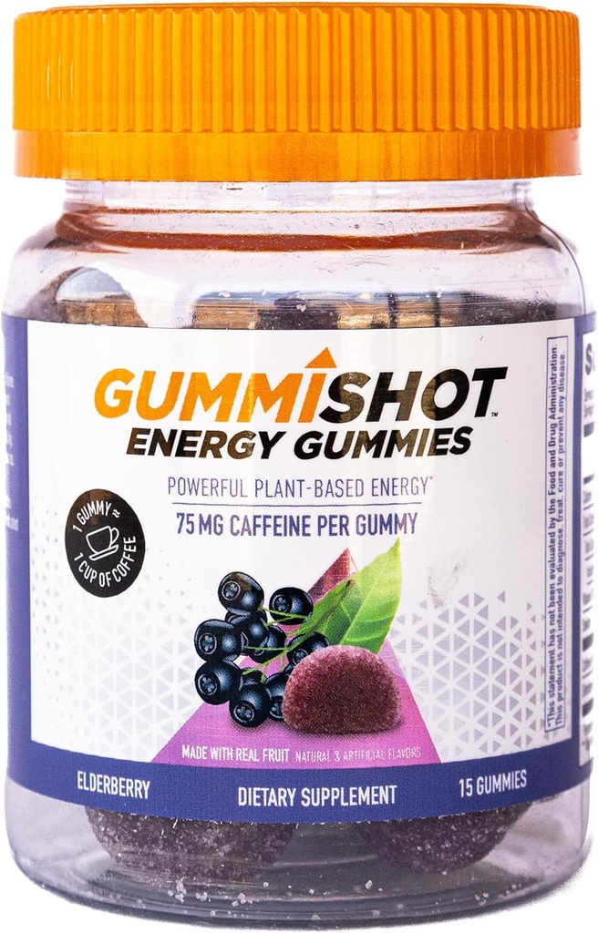 GummiShot Energy Gummies, 1125 mg kofeinske žvečilke na steklenico, dolgotrajni energijski ojačevalci, Bezgove jagode (15ct)
