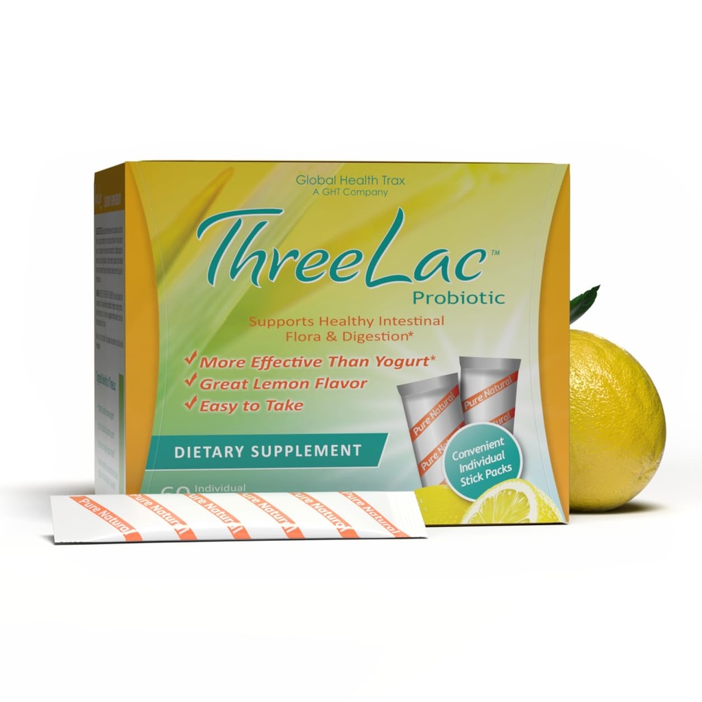Global Health Trax GHT - ThreeLac Lemon Probiotic Drink Mix for Digestive Health - Advanced Probiotic Powder Formula for Men, Women & Kids - Immune Support & Gut Balance, Non-GMO - 60 Packets