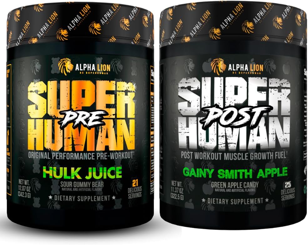 ALPHA LION Superhuman Pred vadbo Powder & Post Wordout recovery Bundele, Trajna energija & Fokus + Lean Mišična rast, moč in volumen (Hulk Juice & Gainy Smith Apple)