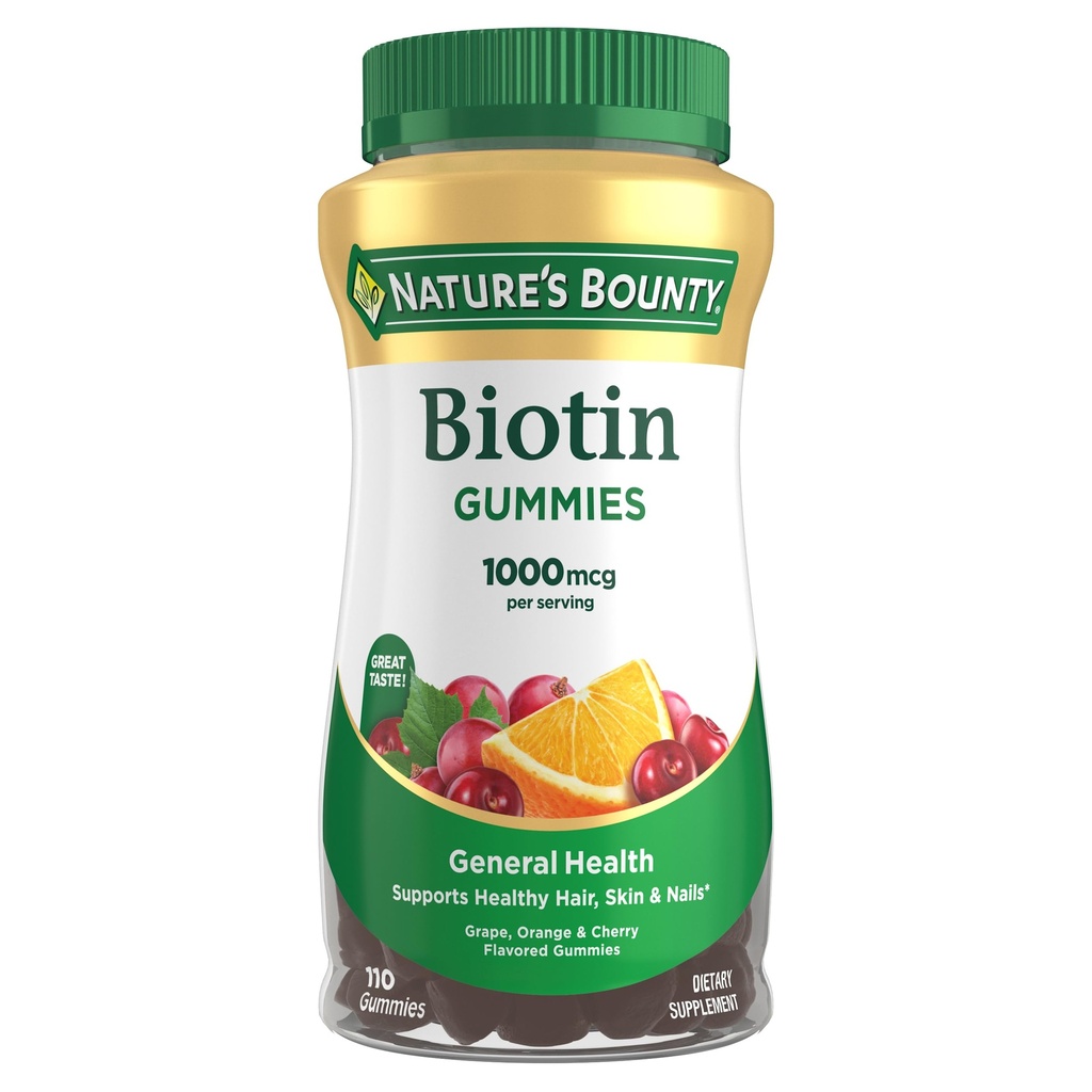 Naravni Bounty Biotin Gummy, Vitamin dopolnilo, Podpira zdrave lase, kožo in nohte, Sadje aromatizirani Gummies, 1000 mcg, 110 Število