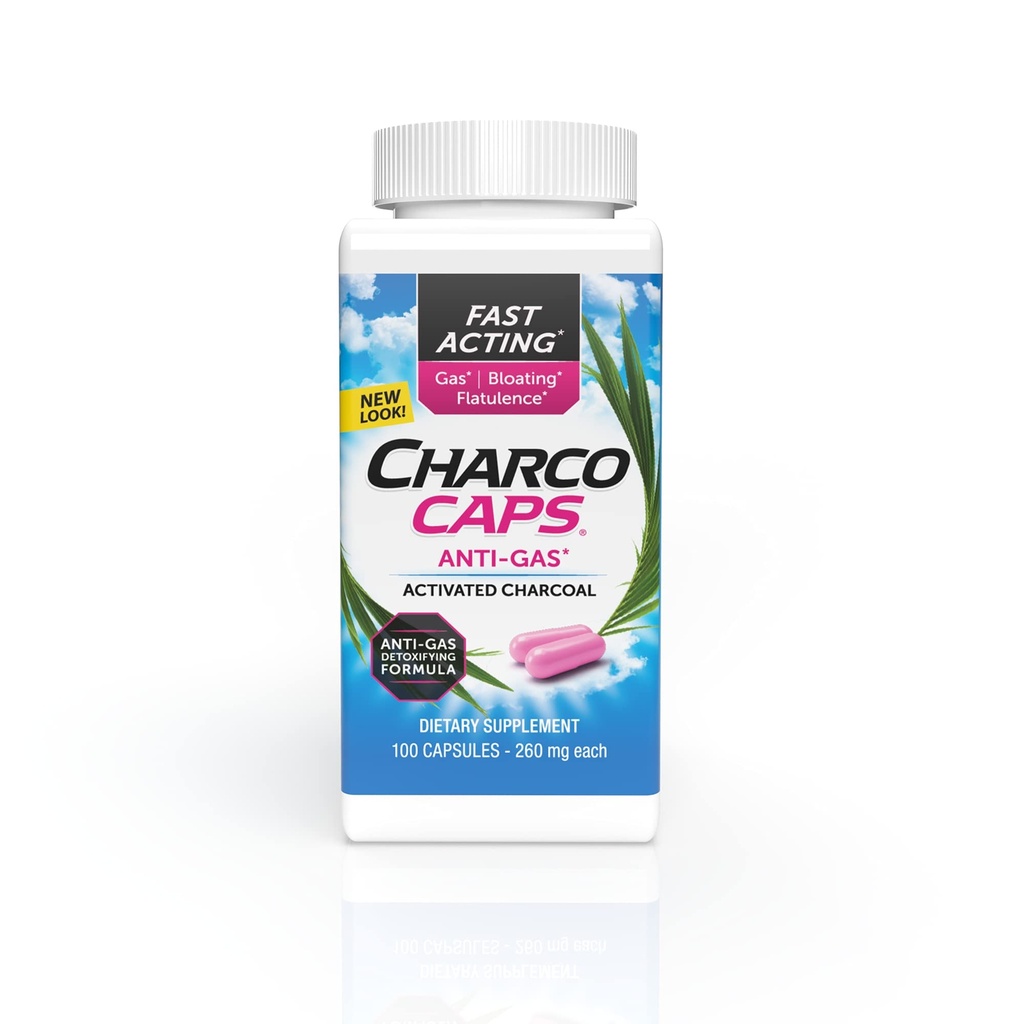 Charcocaps hitro delujoča plinska olajšava za napihnjenost in flatulenco, razstrupljanje brez zdravil aktivirana Charcoal Formula, 100 kapsul, 30 dnevna zaloga, roza