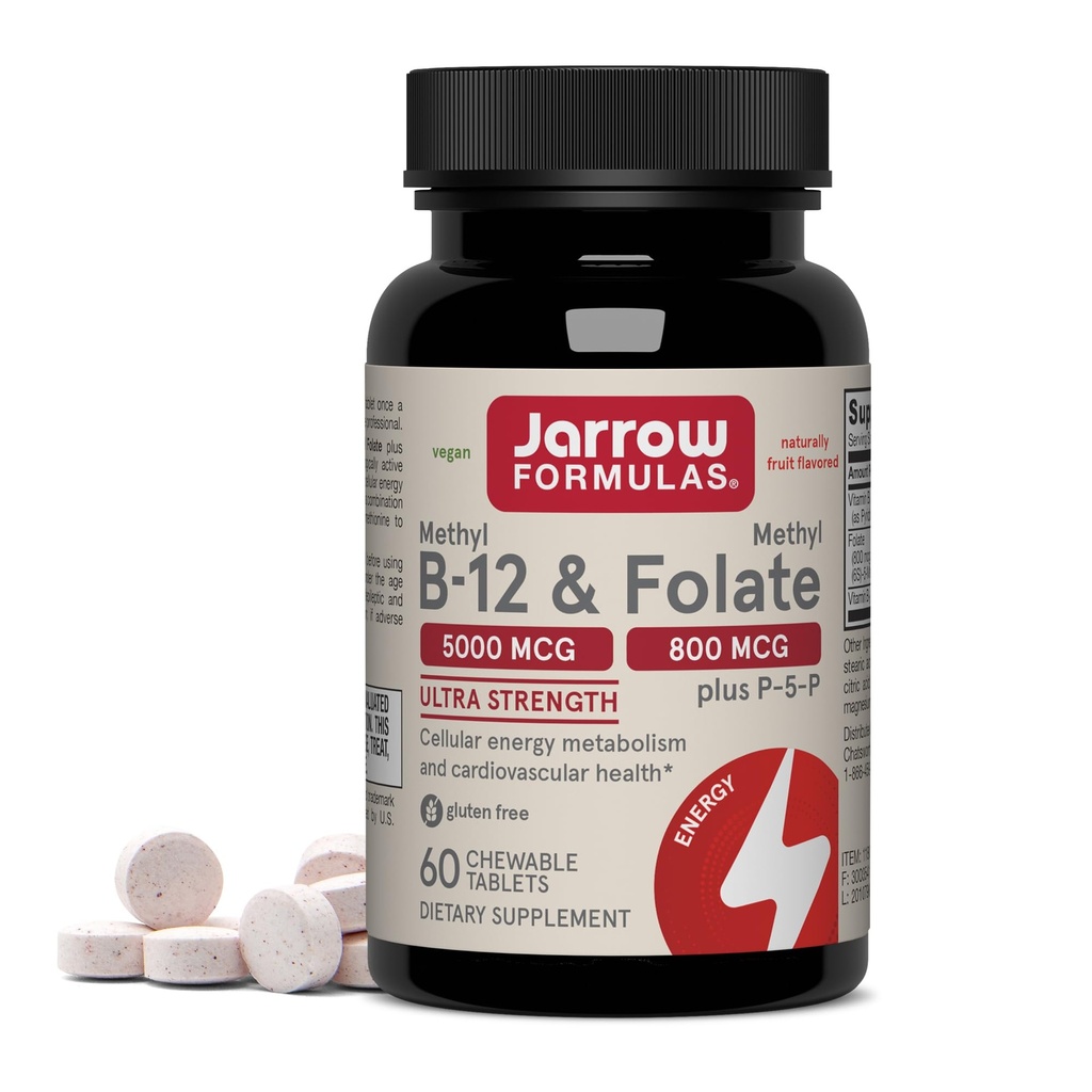 Jarrow Formule Metil B-12 & Metil Folat - 60 Žvečljive tablete, Cherry - Bioaktivni vitamin B12 & B9 - Podpira proizvodnjo energije, delovanje možganov in presnovo - Gluten Free - 60 Serving