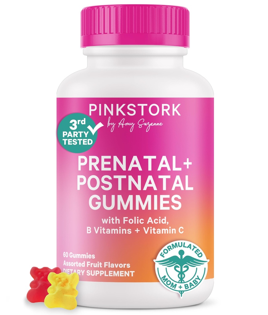 Pink Stork Plodnost + Prednatal + Postnatal Gummy Vitamini – Polna materinska podpora Potovanje – Multivitaminski s Folat, B Vitamini, Cink & Biotin – 60 Razvrščeni sadni gumiji