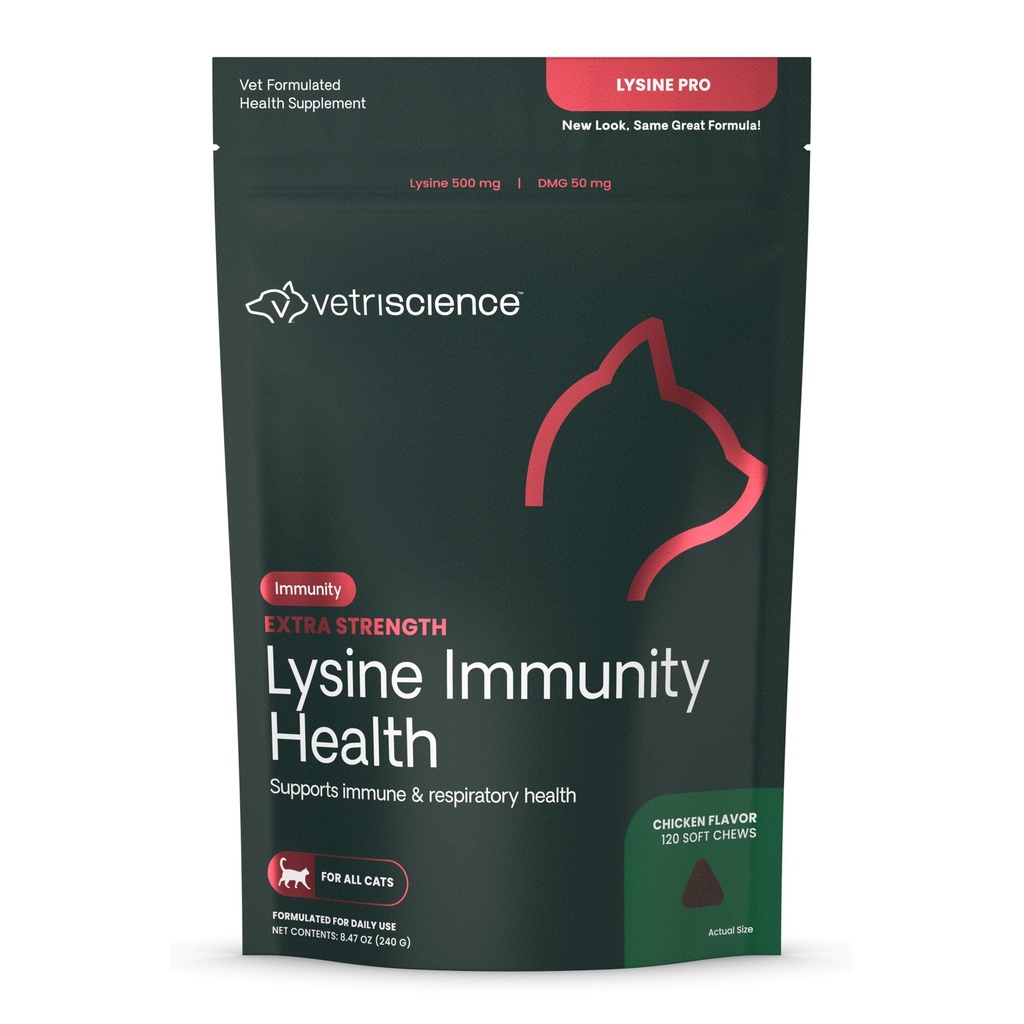 VETRISCIENCE Extra Strength Lysine Immunity Health Chews - Immunity dodatek za mačke vseh starosti - podpira imunske funkcije, zdravje oči in kardiovaskularna funkcija - 120 Count