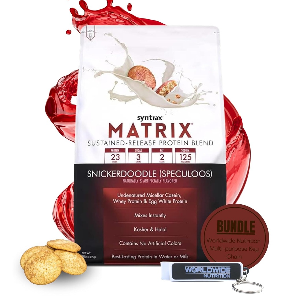 Syntrax Bundle: Matrix Protein Powder Trajno sproščanje Kazein Protein in Whey Protein Powder - Instant Mix Snickerdoodle Protein Powder Flavor, 5 kgs with Worldwide Nutrition Keychain