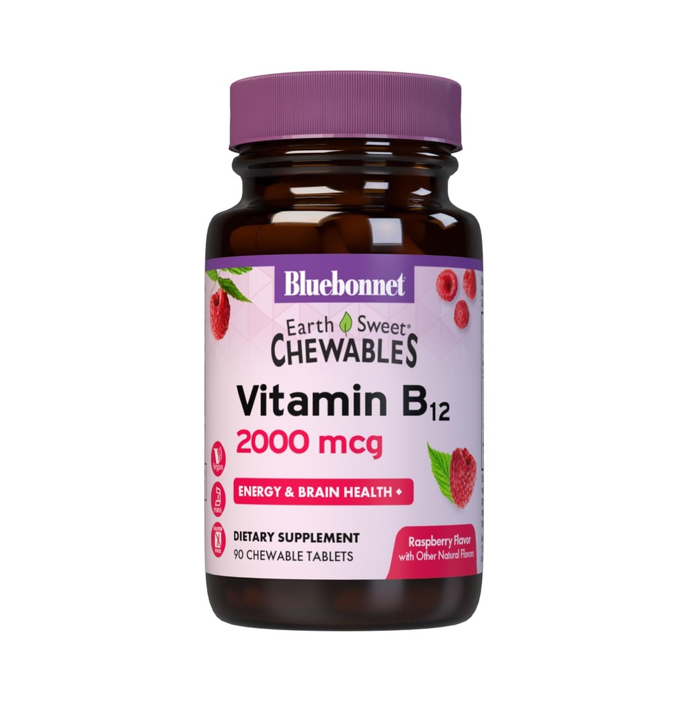 BlueBonnet Nutrition Earth Sweet Vitamin B12 2000 mcg Žvečljive tablete, Soy-free, Gluten-free, Kosher Certified, Dairy-free, Vegan, Raspberry Flavored, 90 Žvečljive tablete, 90 Serving