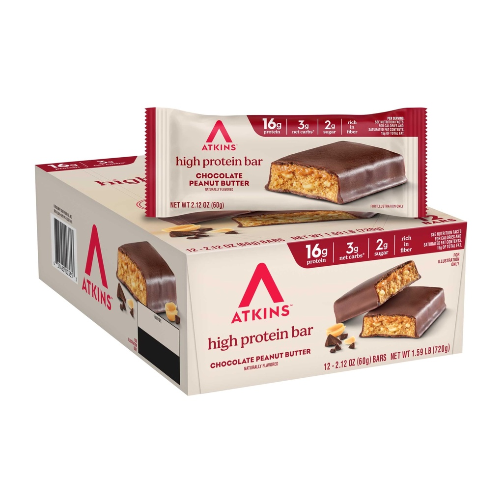 Atkins Chocolate Peanut Butter Protein Meal Bar, High Fiber, 16g Beljakovine, Nizki sladkor, 3g Net Carb, Nizki Carb, Keto prijazno, 12 Štetje