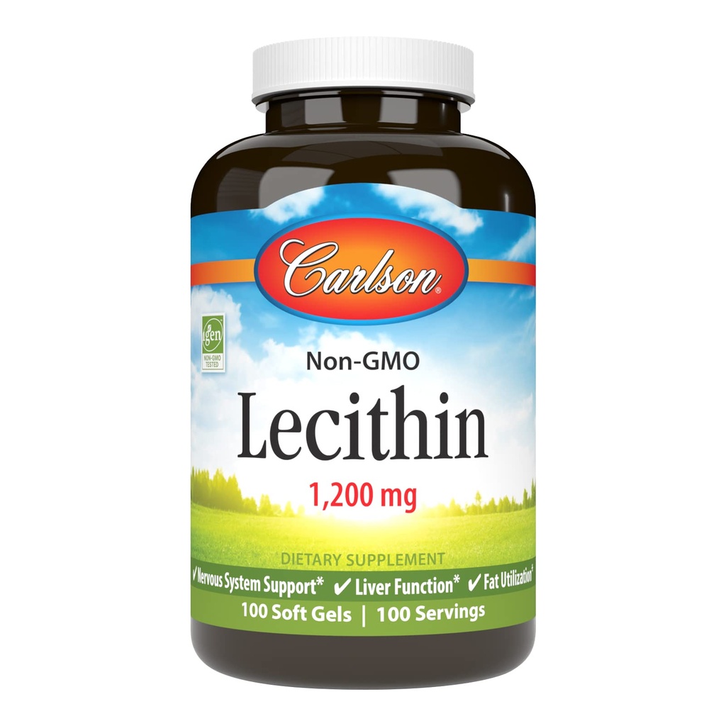 Carlson - lecitin, ne- GMO, 1200 mg, živčevje in delovanje jeter, nebeljeni sojin lecitin, 100 kapsul