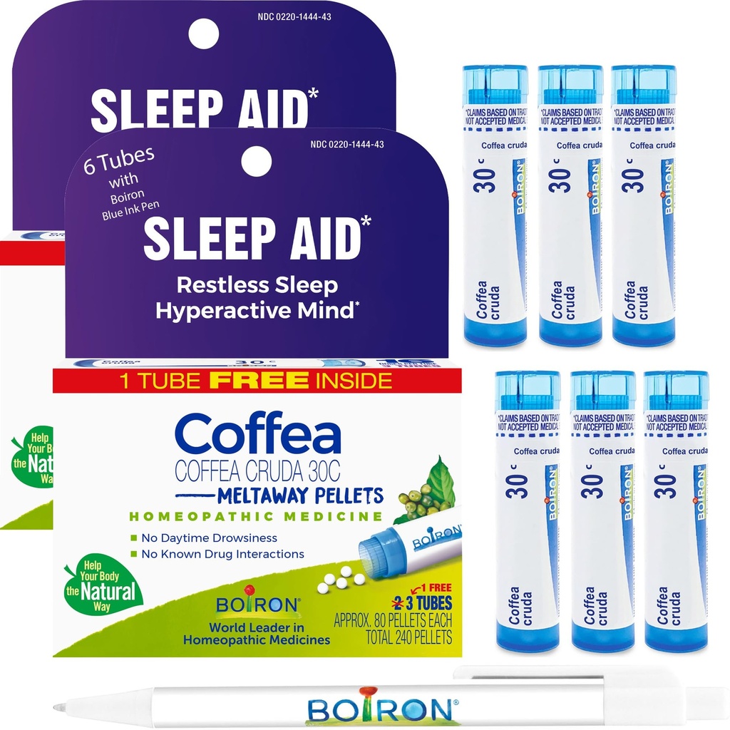 Boiron Coffea Cruda 30C - 6 Total Blue Tubes - Homeopatska pomoč za spanje za nemirno spanje, duševno hiperaktivnost, Racing misli, in težavno spanje z Blue Ink Pen