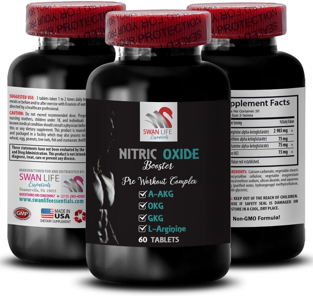 A-AKG - NITRIČNI OKSIDE BOOSTER - dodatki dušikovega oksida za moške, vadbena energija, moč črpalke, fitnes formula, vzdržljivostna formula, zmogljivost fokus, energijska mešanica, povečanje moči 1 steklenica 60 tablet