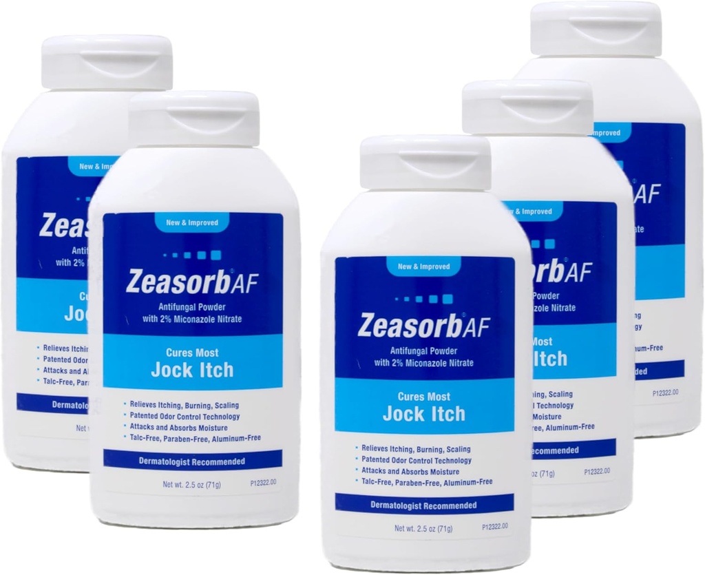 Zeasorb AF Antiglivični prašek z 2% mikonazol nitratom, Cures Most Jock srbečica, 2,5 oz (paket s 5)