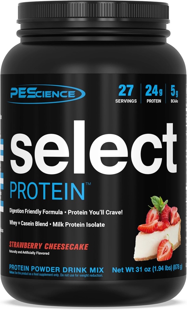 PEScience Select Protein Powder, Whey in Kazein Mešanica, Čisti Protein Powder za ženske in moške, Nizka kalorie, Nizka karb, Keto prijazno, Gluten brez, Jagodna sirova torta, 27 Servinga