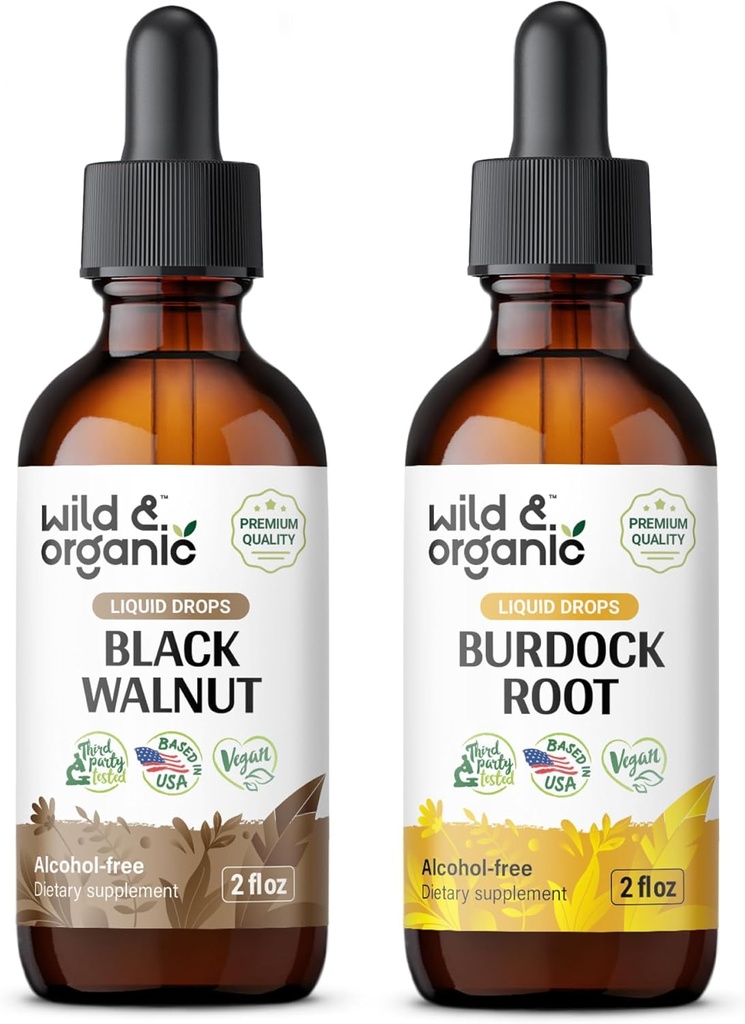 Divja in organska črna oreščkova tinktura 2 fl oz & burdock korenska tinktura 2 fl oz
