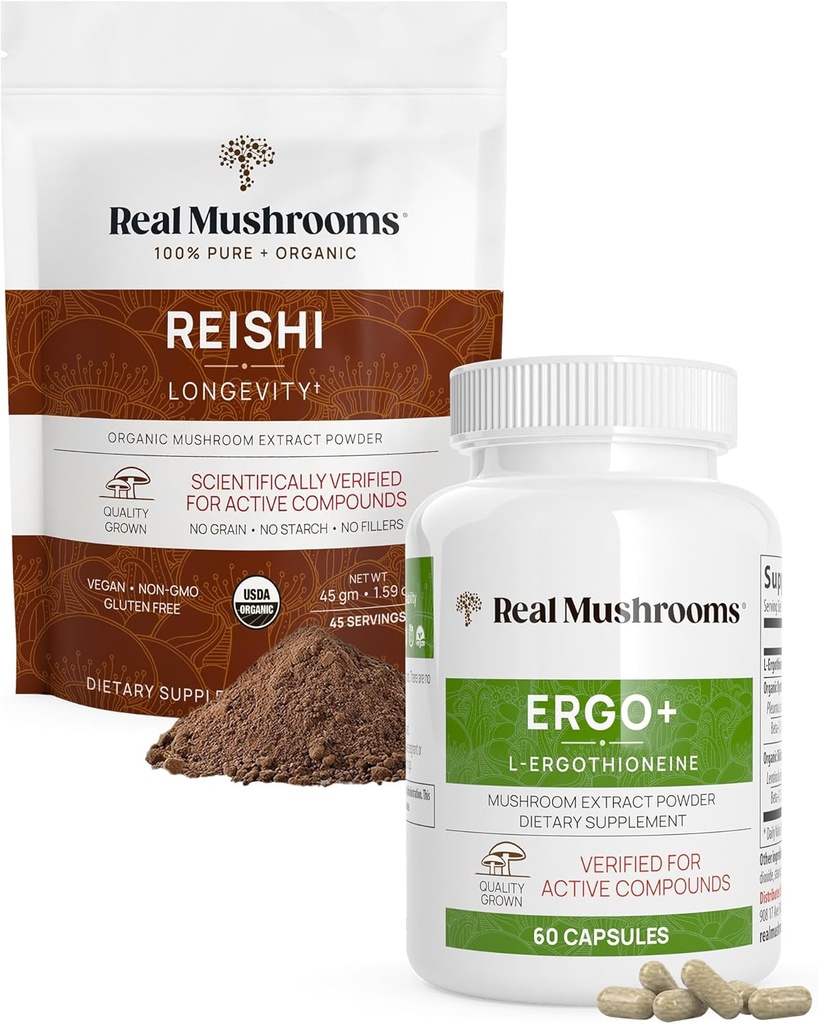 Prave gobe Ergotionein (60ct) in Reishi Organski prah (45 Serving) Mešanica z izvlečki gob Shiitake in Oyster - Dolgoživost in sprostitev - Vegan, Gluten prost, Non-GMO