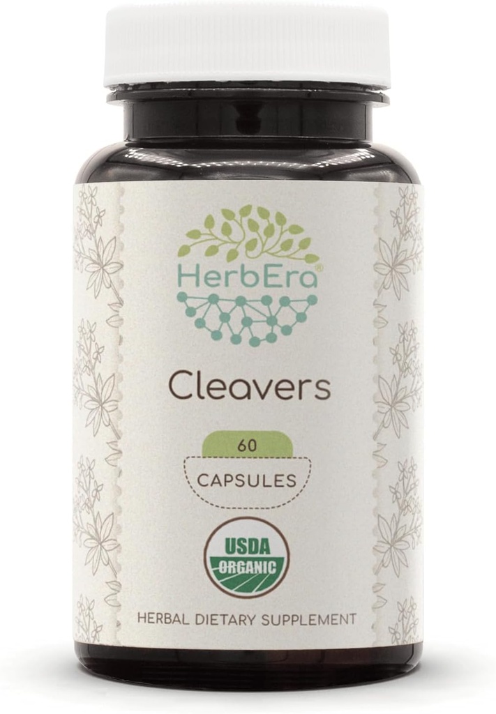 HerbEra Cleavers 60 Capsules, 400 mg, USDA Organic Cleavers (Galium aparine) Dried herb (60 Capsules)