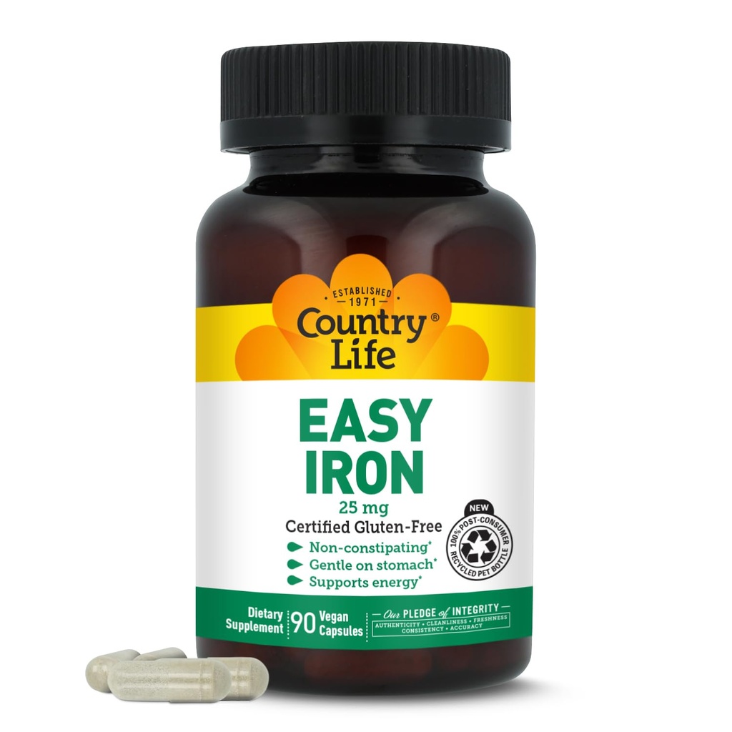Country Life Easy Iron 25mg Kapsule - Nežna nezaščitna Ferrochel - Veganski vitaminski dodatek za ženske in moške - podpira energijo telesa