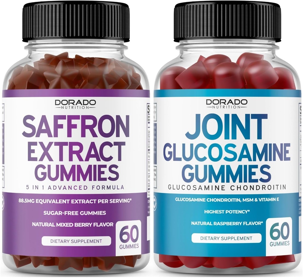 Saffron (60 Gummies) Premium 5 v 1 Napredna Formula - Okusna malina Okus in glukozamin Chondroitin Skupni dodatek (60 Count) Skupni dodatki za moške in ženske - Vegan Safe & Made v ZDA