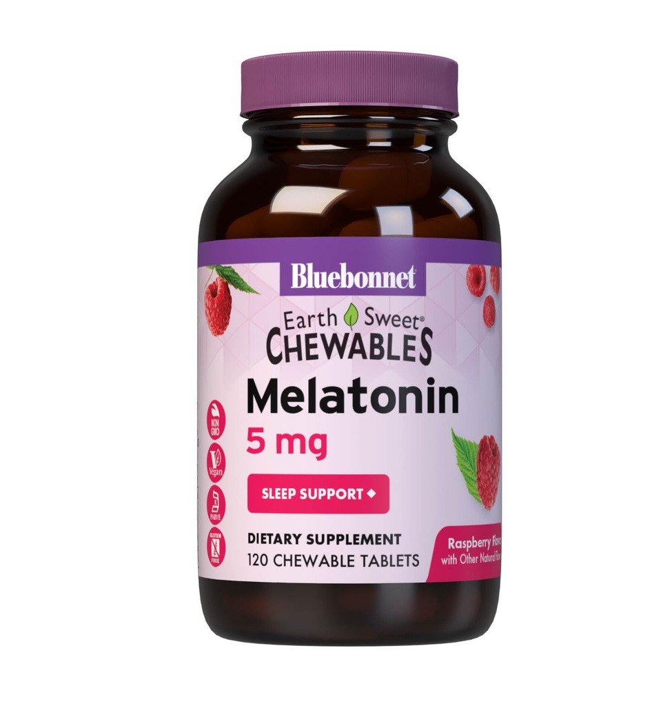 Bluebonnet Nutrition EarthSweet Melatonin 5 mg Hitro ukrepanje hitro raztapljanje nočnega časa Sprostitev in mirno spanje podpora - Pomoč za spanje - Gluten-free, Vegan - Raspberry Flavor - 120 Žvečljive tablete