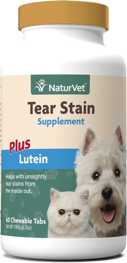NaturVet - Tear Stain Plus Lutein - Odstranjuje grde tear Stains - Izvleček brusnic, kalcijev askorbat in koren grozdja Oregon - za pse in mačke - 60 tablet