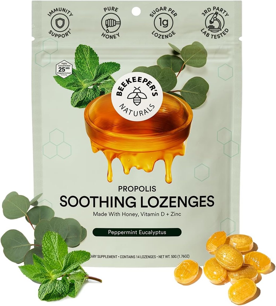 Naravne čebelarske mete Eucalyptus kašelj kapljice, Imunska podpora z vitaminom D, cink in Propolis, hlajenje in grlo Pomirjujoče Lozenges, 14 Ct