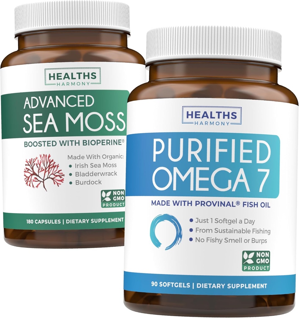 Irish Sea Moss & Omega 7 (3-mesečna dobava) Sea Omega Combo Bundle - Organic Irish Sea Moss - Raw Vegan Supplement (180 Caps) & Omega 7 Softgels - Provinal Sustainable Peruan Sardon Fish Oil -90 Caps