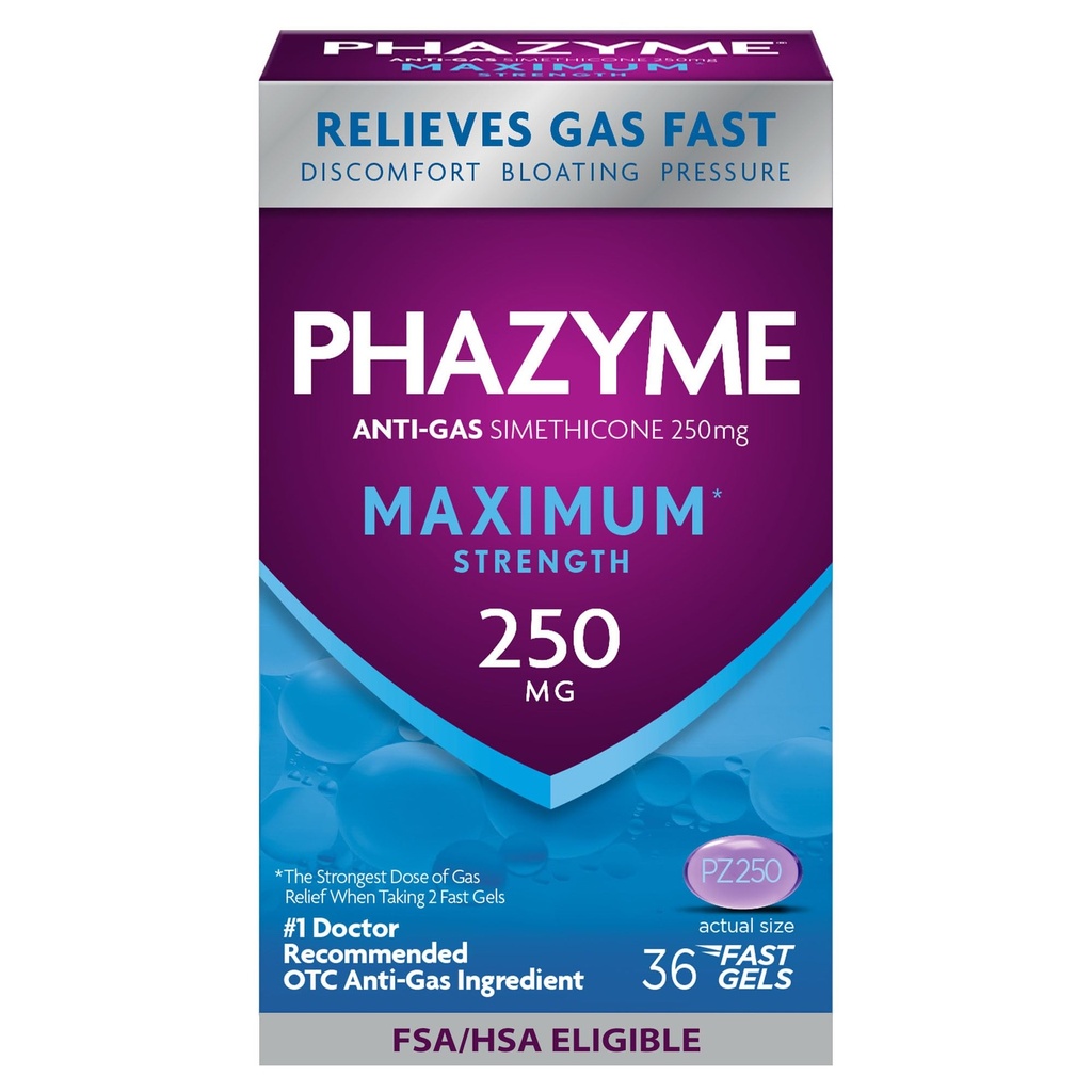 Phazyme maksimalna moč proti Gasu 250 mg Simetikon olajšava za plin za odrasle, hitri geli hitro napenjanje, pritisk in nelagodje, 36 število