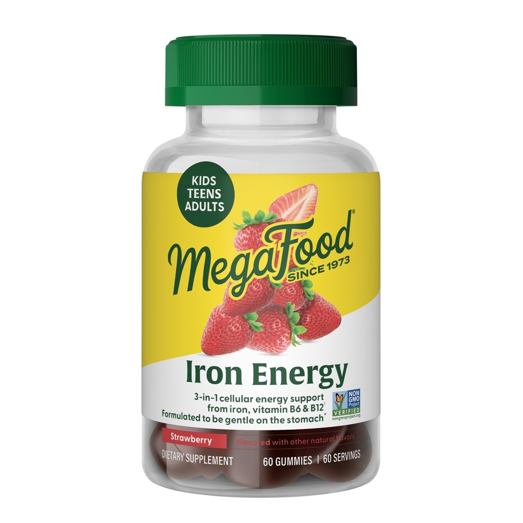 Megafood Iron Energy Gumies, Železni dodatek za ženske, moške, najstnike in otroke z vitaminom B12 & B6, Vitamini, iz Izdelovalci krvi Graditelj dodatek, Jagodna aroma, 60 Count