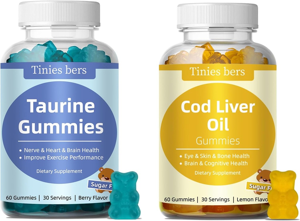 Taurine Gumies 1000mg, Cod Jetra Oil Gumies 1000mg, Sladkor brez sladkorja za odrasle in otroke, Aminokisline, Omega-3s in vitamin A&D za kognitivno, zdravje srca in oči, povečanje imunskega