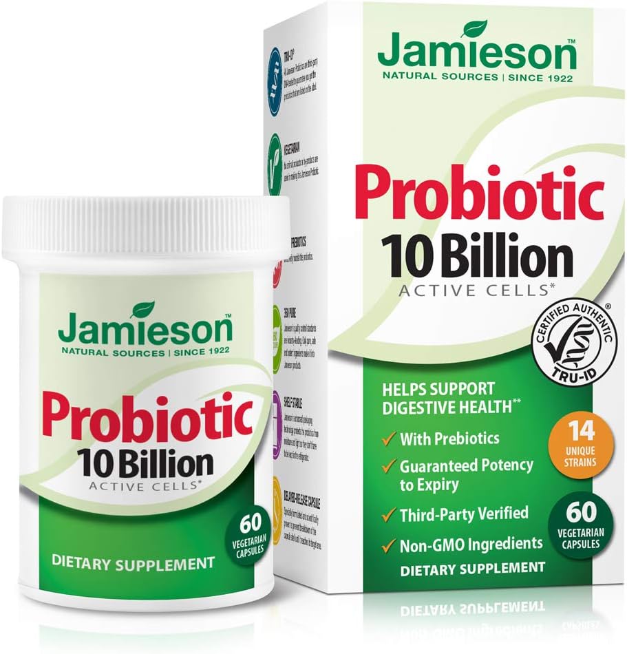 Jamieson Probiotics 10 milijard - Daily Probiotic Supplement for Digestion, Restente Gut Health, and Immune System Support - Probiotics for Women and Men (60 Count).