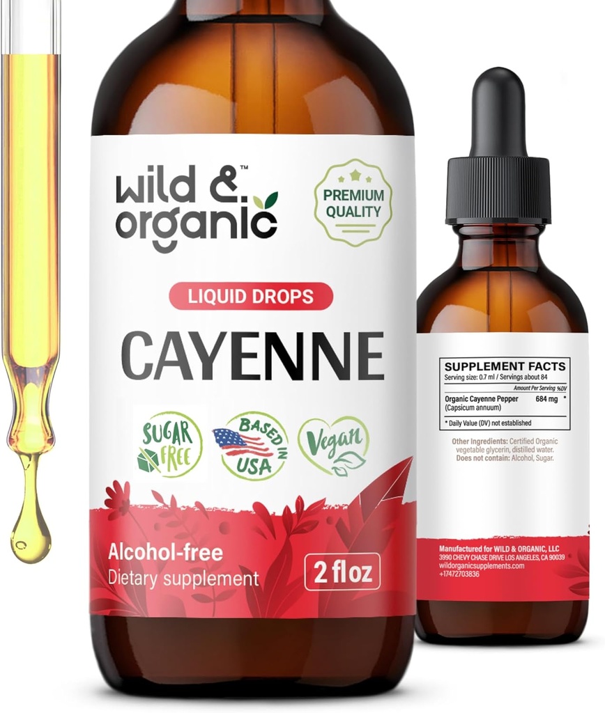 Wild & Organic Cayenne Pepper Tinkture - Capsaicin dopolnila za digestivno podporo - Cayenne Pepper Extract Liquid - Vegan, Alkohol brez kapljic - 2 fl oz