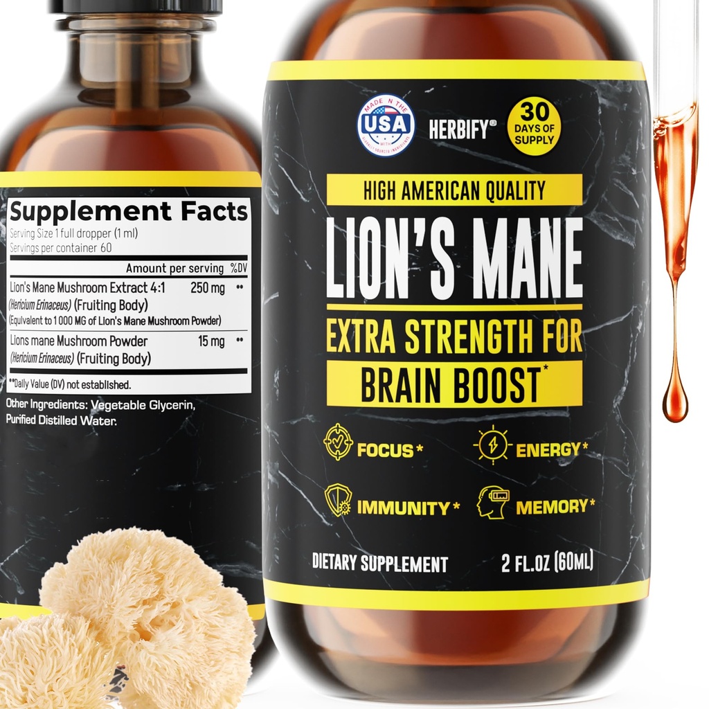 HERBIFY Lions Mane Supplement - Dnevna goba dopolnilo za spomin, fokus & jasnost - Možganski booster - Levi Mane Tinktura za imuno podporo - 2 Fl oz