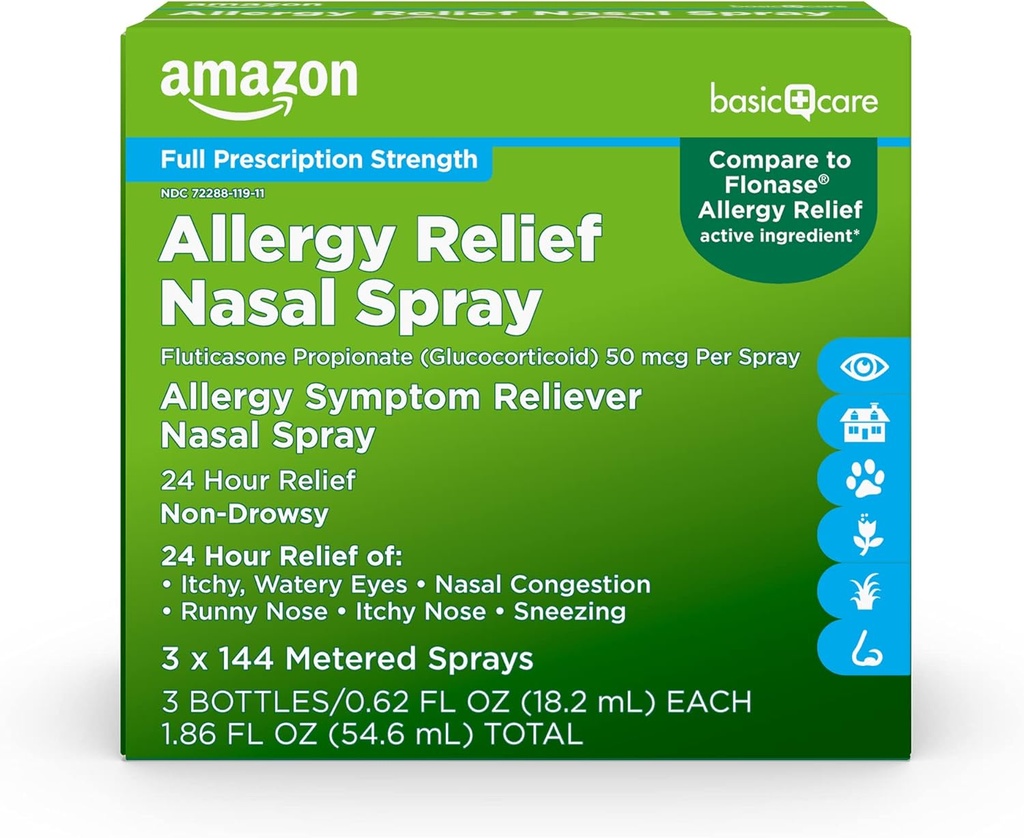 Osnovna nega 24-urna alergija Relief nosni pršilo, flutikazonpropionat (glukokortikoid) 50 μg, popolna predpisovanje moč, neumivanje, 0.62 fl oz (paka 3)