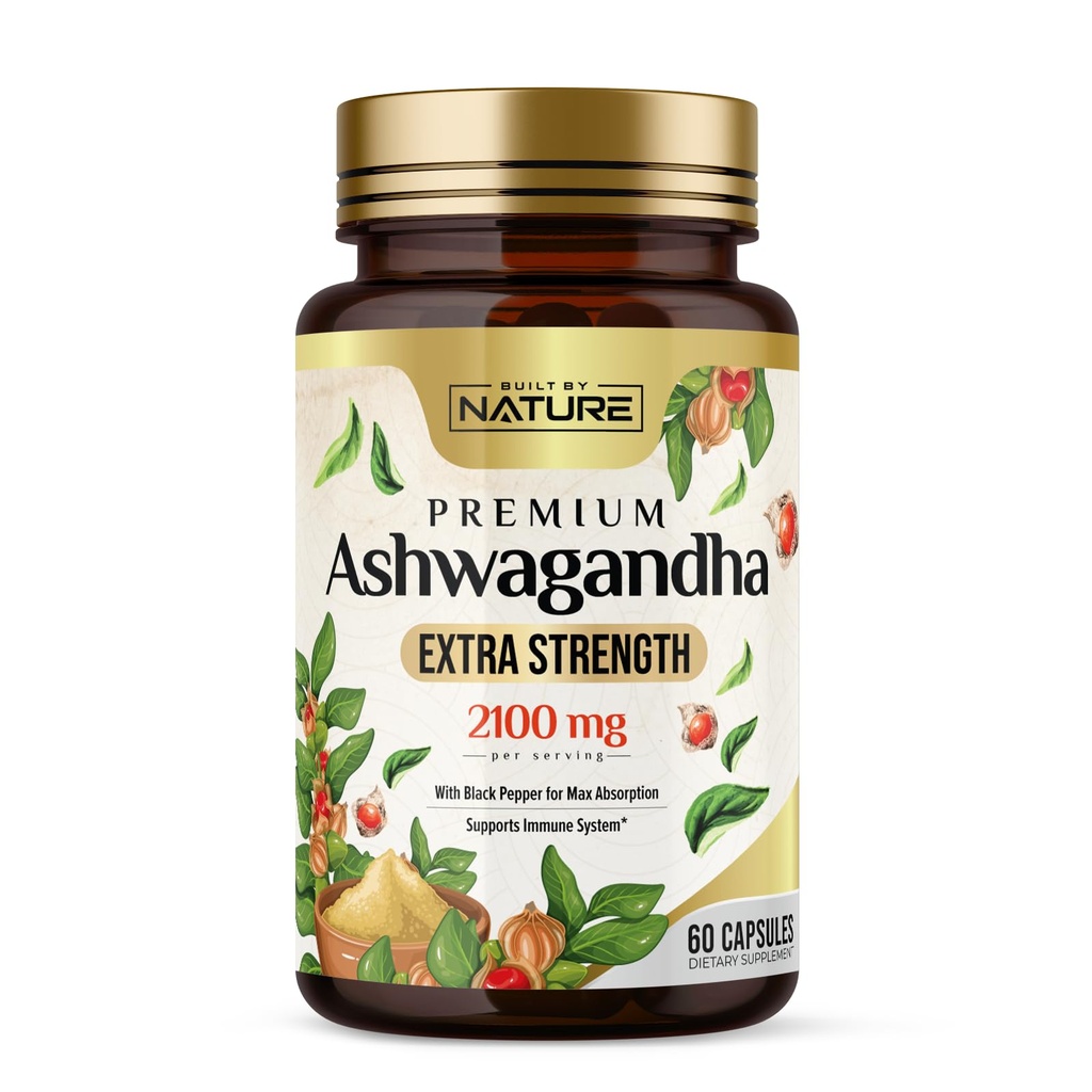 Zgradila Narava Ashwagandha 2100mg Extra Stress Relief & Mood Podpora s črno papriko ekstrakt za Max Absorpcija - Ne-GMO, Vegan, Gluten-free - 60 kapsul