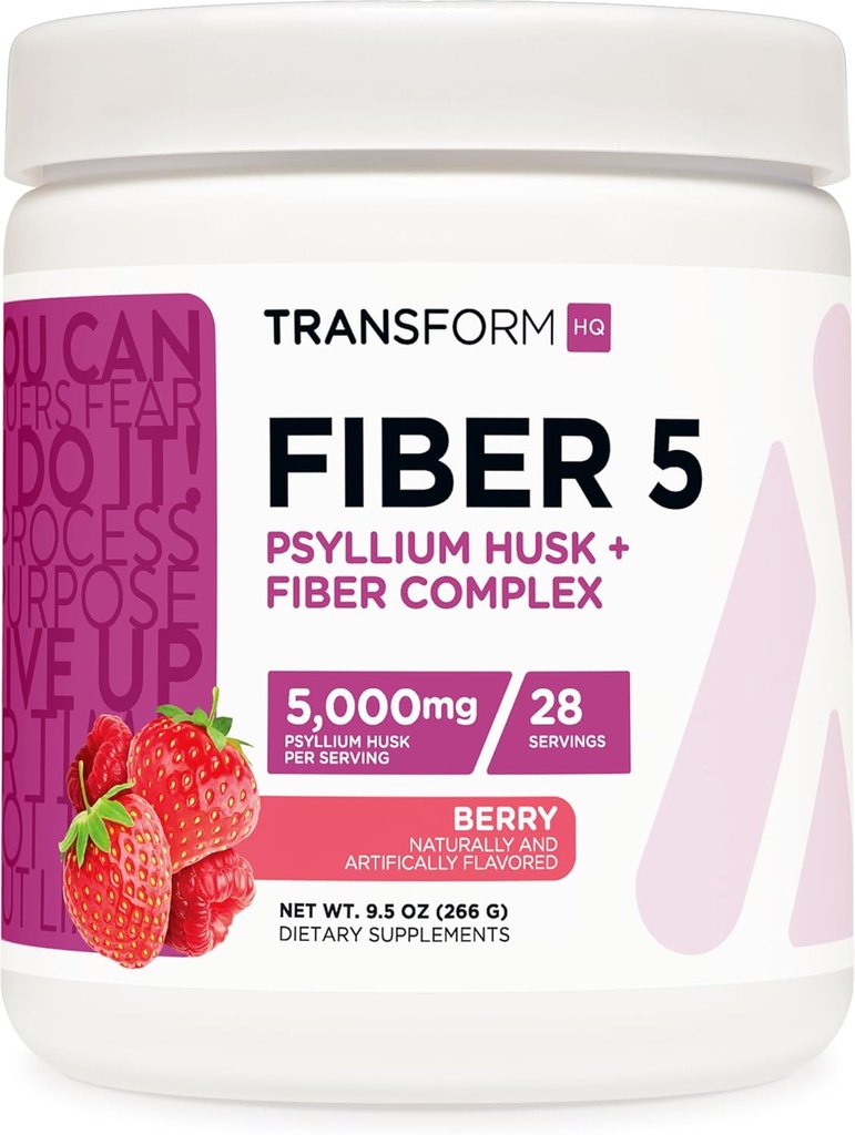 TransformHQ Fiber 5 Psyllium Husk Kompleksni prah (Berry Flavor) (28 Servings) - 5.000mg Psyllium Husk na Serving - Prebavno zdravje, Naravni dodatek, Topni rastlina Fiber Mešanica