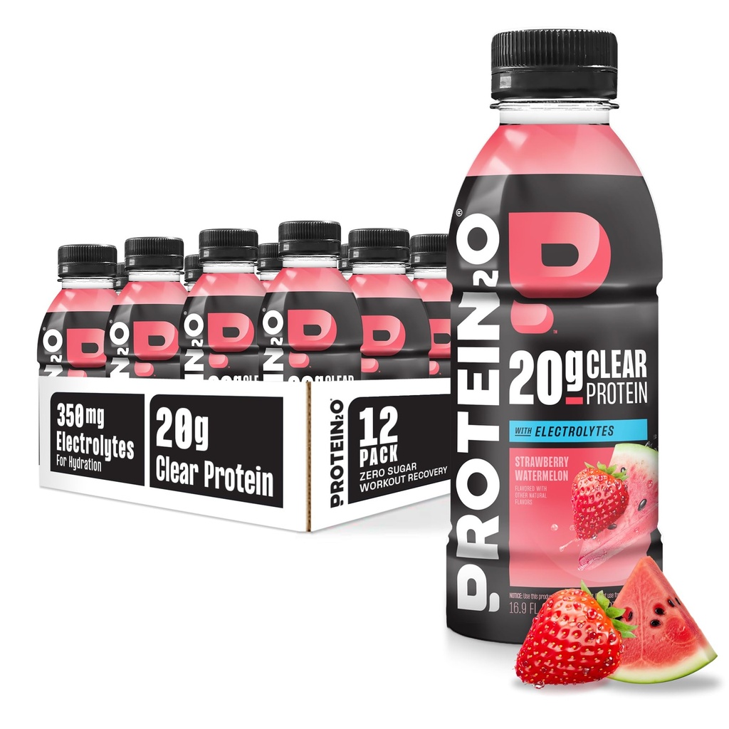 Hidracijska pijača Protein2o - 2-v-1 tekoči čisti izolat sirotkinih beljakovin in elektrolitski napitek - 20g beljakovine, vitamini B5, B6 - okrevanje po delu - 16,9 Fl Oz - 12 Grof Jagodna lubenica