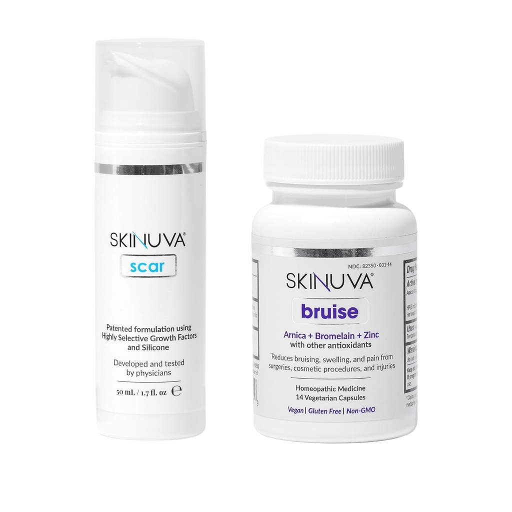 Skinuva® Scar (1.7 oz) & Bruise (14 kapsul) - Napredna silikonska krema oblikovana z rastnimi faktorji in homeopatsko Bruise Remedy oblikovan z Arnica, Bromelain in cink