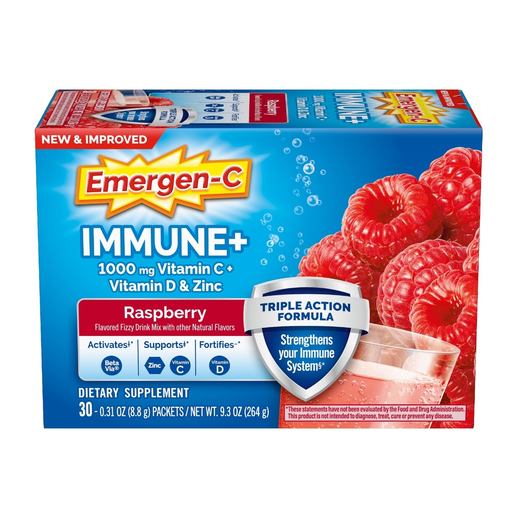 Emergen-C Immune+ Triple Action Immune Support Powder, BetaVia (R), 1000mg Vitamin C, B Vitamini, Vitamin D in antioksidanti, Raspberry, Nazaj na šolo Essentials – 30 Count