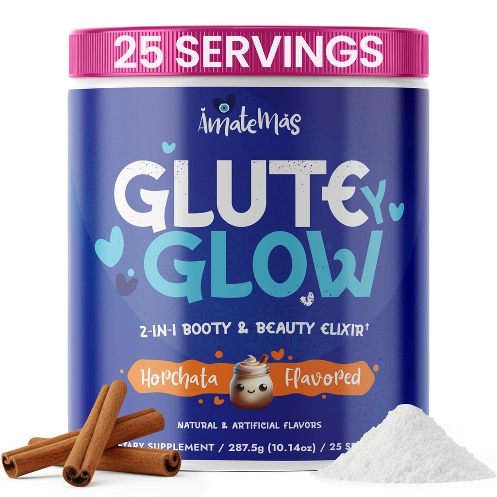 Glute Y Glow by Amatemas – ženski kreatin + biotin dodatek za rast mišic, glute podpora, lasje kože in nohti – Horchata Flavor – energijska podpora – Lean Muscle – Dnevna učinkovitost Mešanica