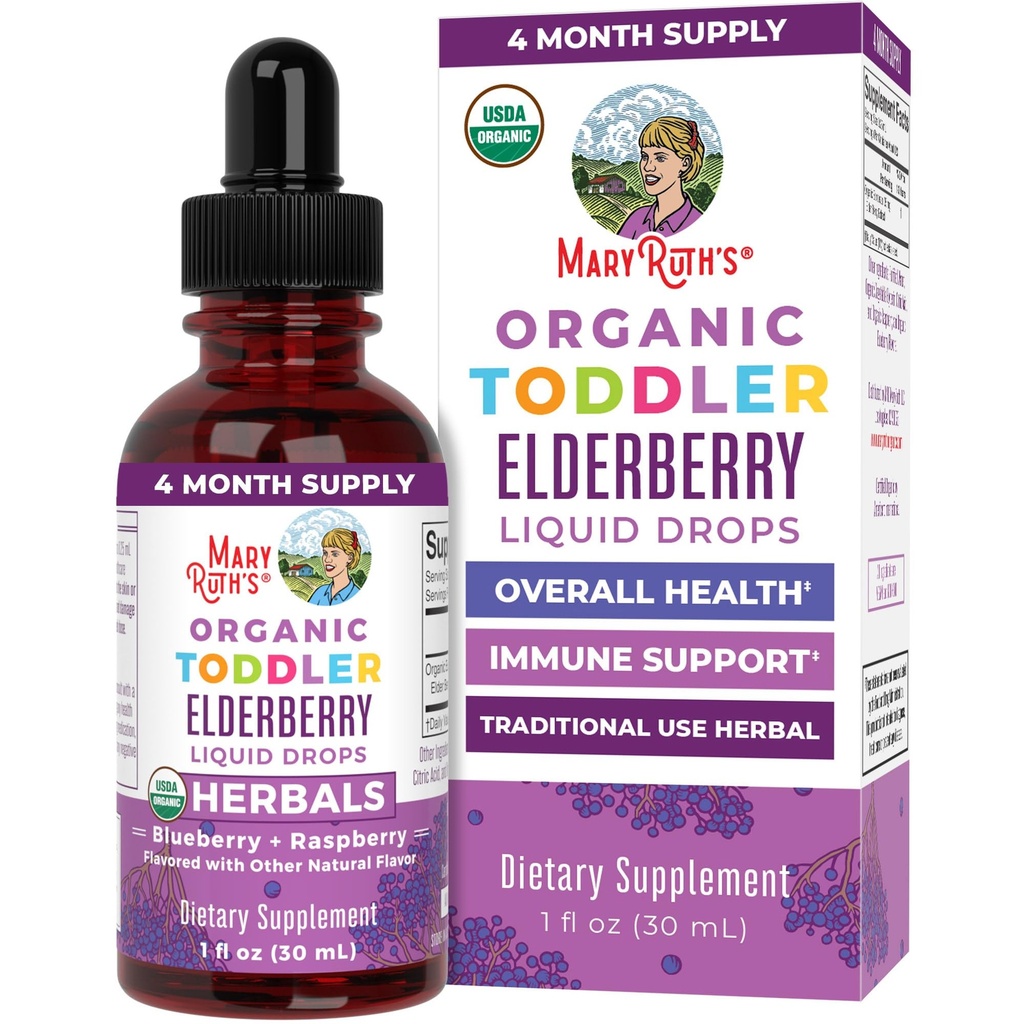 MaryRuth Organics Toddler Elderberry Syrup, USDA Organic Elderberry, Sugar Free Kids Imunska podpora dodatek za starost 1-3 let, Clean Label Projekt Verified®, Vegan, Non-GMO, Gluten Free, 1 Fl Oz