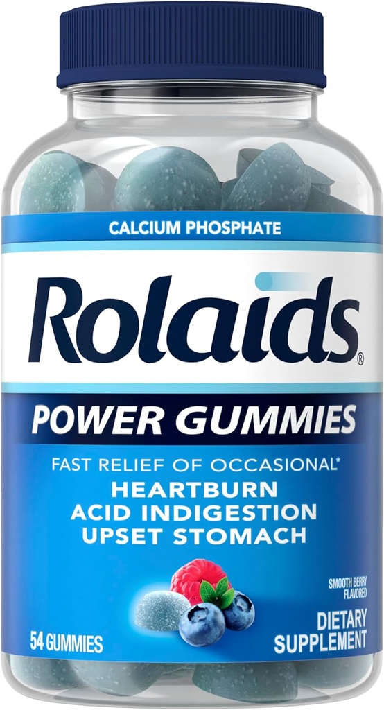 Rolaids Power Gumies, hitro lajšanje občasnih zgage in kisle težave, prehranska dopolnila, gladko jagode, 54 Gumies