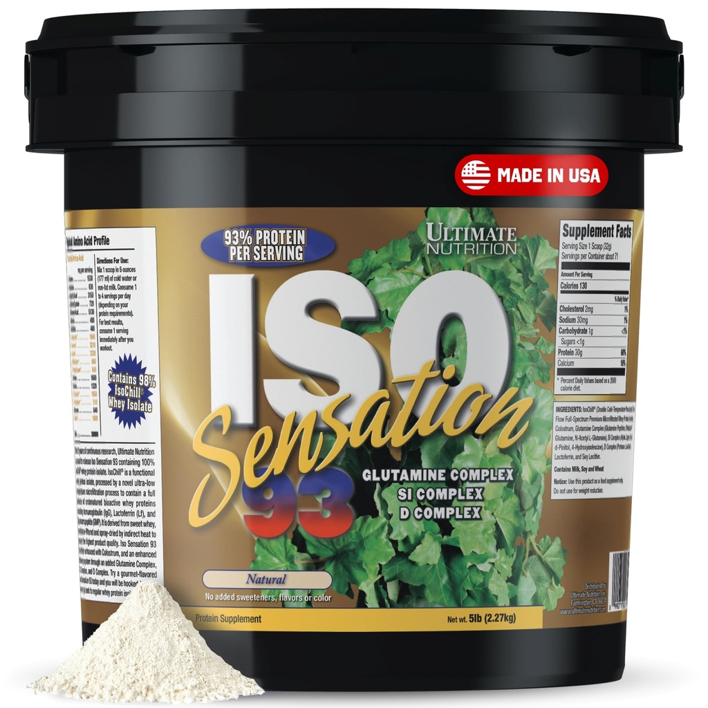 Ultimate Nutrition Whey Protein Isolate Powder with Glutamine Complex, ISO Sensation 93 - Whey Protein Powder z dodanim kolostrumom za izboljšano regeneracijo, Immunity & Gut Health - Natural, 5Lbs
