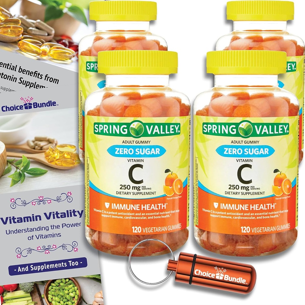 Choice Bundle Spring Valley Zero Sugar Vitamin C Gummies Prehranska dopolnila 250 mg 120 Ct 4 pk (480 skupaj) + Vitamin Guide & Pill Container (6 Izdelki)!