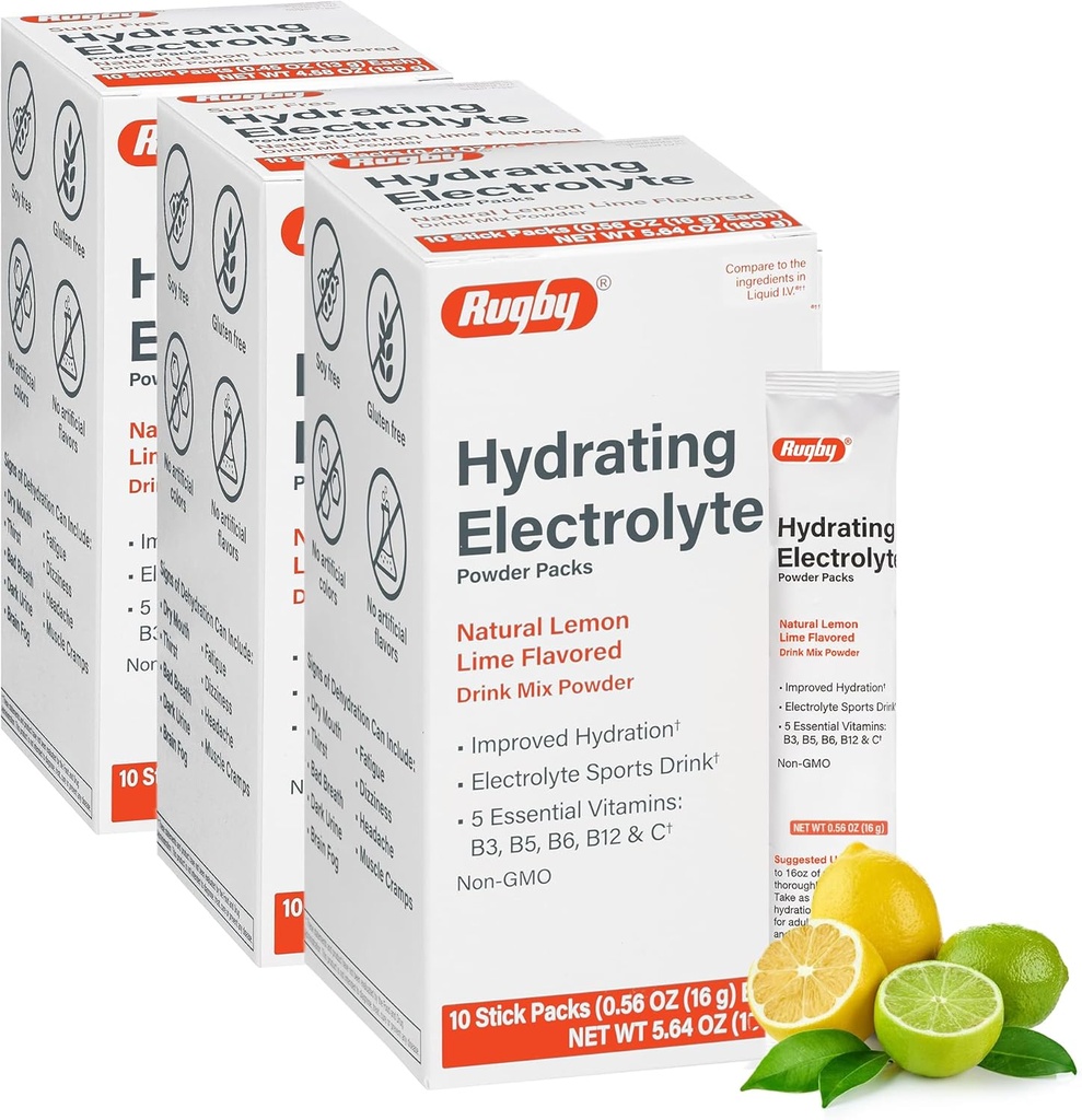 Rugby Hydrating Elektrolitski praški - pijača Mix Powder Packets s 5 vitamini - Izboljšana Hidracija - naravna limona-Lime aroma - 10 pack Packs - 0,56 Oz Vsak (3 Pack)