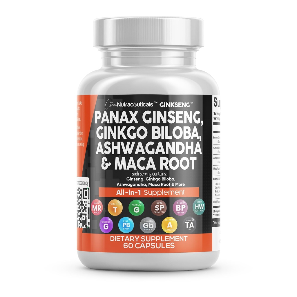 Čista nutraceutika Panax Ginseng Ginkgo Biloba Ashwagandha Maca Root - Focus dodatek tablete za ženske in moške z izvlečkom Pine Bark, Česen, in Saw Palmetto - 60 Caps